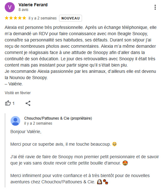 Avis client 5 étoiles pour Chouchou'Pattounes & Cie laissé par Valérie Ferard sur Google. Témoignage positif mettant en avant le professionnalisme d'Alexia et la qualité du séjour de Snoopy, un Beagle. Réponse chaleureuse d'Alexia en tant que propriétaire.