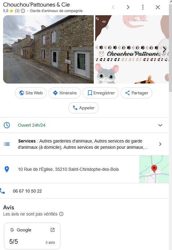 Profil Google My Business de Chouchou'Pattounes & Cie, pension canine exclusive et garde d'animaux à Saint-Christophe-des-Bois. Note de 5/5 basée sur 3 avis.